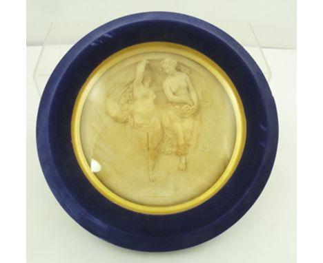 ART UNION OF LONDON A LATE 19TH/EARLY 20TH CENTURY BISQUE PLAQUE portraying two maids with swirling shawl, entitled "May Morn