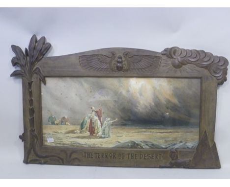 AN EARLY 20TH CENTURY CARVED WOOD PICTURE FRAME decorated with a palm tree, scarab beetle, pyramids and a sphinx. Carved titl