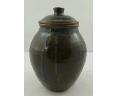 TREVOR CORSER FOR THE LEACH POTTERY ST IVES A HAND BUILT STONEWARE LIDDED VESSEL with decorative running glaze, 21cm high 