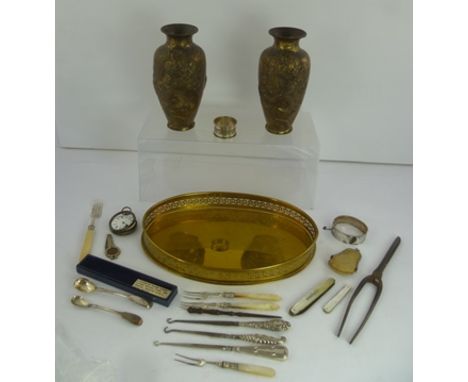 A SELECTION OF COLLECTABLE ITEMS comprising; an oval brass tray with fretted surround, a silver bangle, two 19th century fidd