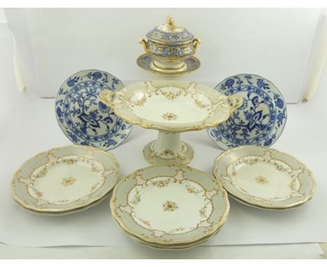 A VICTORIAN PART DESSERT SERVICE comprising; comport and seven plates with grey panels and floral swags, together with a pair