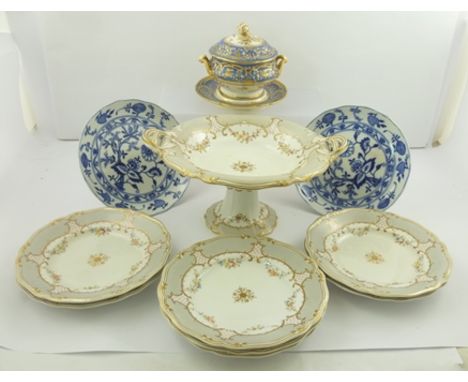 A VICTORIAN PART DESSERT SERVICE comprising; comport and seven plates with grey panels and floral swags, together with a pair