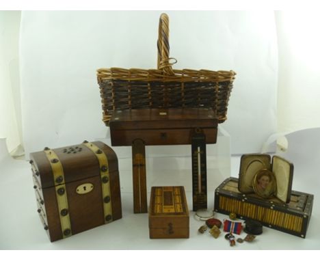 A BASKET OF WARES to include a CRIBBAGE BOARD, rosewood BOX, miniature PORTRAIT cased, wall THERMOMETER, etc 