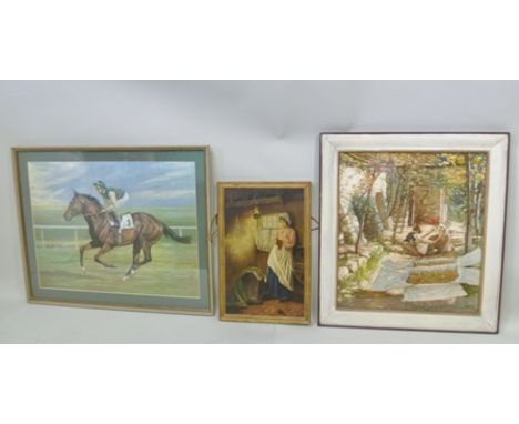 "A FALSE START", a horse racing Print, 28cm x 57cm, together with a framed PRINT signed by Lester Piggott depicting himself a