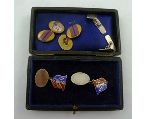 TWO PAIRS OF SILVER CUFFLINKS, one pair with enamel spread eagle decoration, and a gilded PAIR with heraldic enamel crest (3)