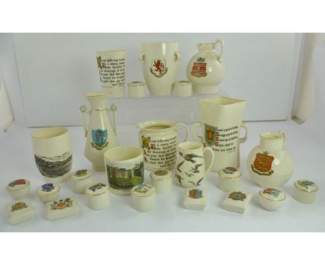 A W.H. GOSS CRESTED MODEL OF THE IRISH MATHER DRINKING CUP IN DORSET COUNTY MUSEUM, together with other large pieces of GOSS 
