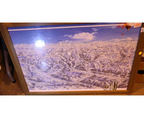 Framed and glazed print of the Alps showing various resorts, 70 x 50 cm. Not available for in-house P&amp;P, contact Paul O'H
