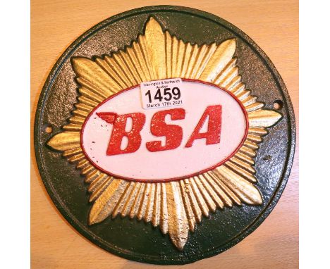 Cast iron green and gold BSA Motorcycle circular sign, D: 25 cm. P&amp;P Group 2 (£18+VAT for the first lot and £3+VAT for su