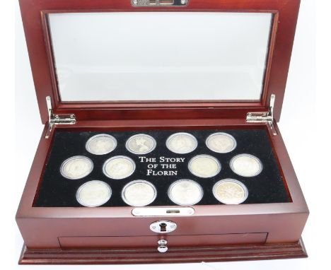 Wooden presentation box of the history of Florin to include pre-1920 and pre-47 Silver coinage. P&amp;P Group 1 (£14+VAT for 