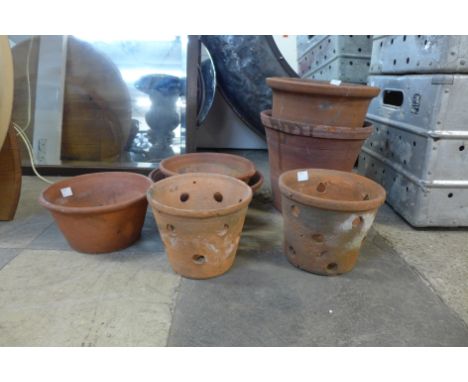 A pair of vintage terracotta orchid plant pots and five other terracotta plant pots 