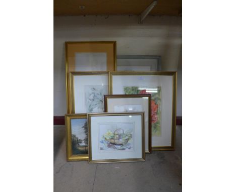 Seven assorted watercolours and an oleograph 