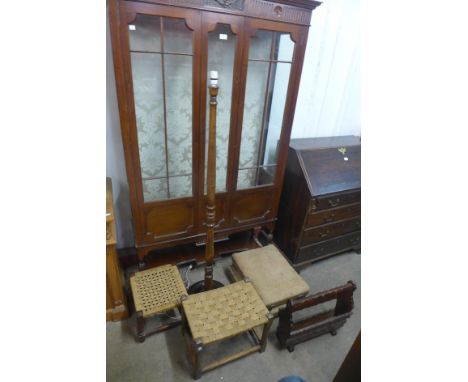 Two stools, two gout stools, a standard lamp and a magazine rack 