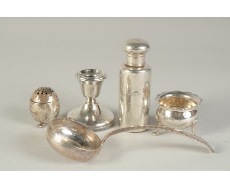 A SILVER SCENT BOTTLE AND SCREW TOP, 4ins long. London 1918, A SOUP LADLE, A SALT, A CANDLESTICK AND A PEPPER (5).