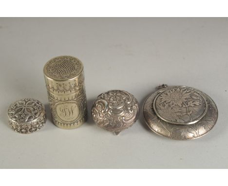 A SUNFLOWER SILVER CIRCULAR PATCH BOX, two small boxes and a tub. (4)