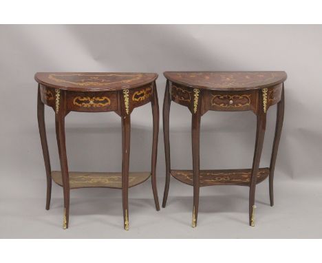 A GOOD PAIR OF LOUIS XVITH DESIGN  HALF MOON CONSOLE TABLES with a single drawer, curving legs and undertier. 2ft wide, 2ft 5