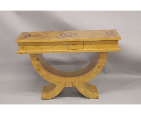 A GOOD ART DECO DESIGN CONSOLE TABLE fitted with a single drawer and open work base. 3ft 6ins long, 1ft 4ins wide, 3ft high.