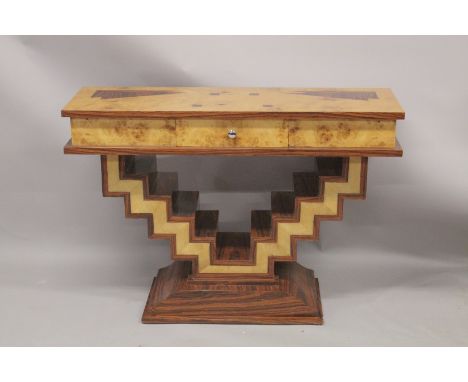 A GOOD ART DECO DESIGN CONSOLE TABLE fitted with a single drawer and zig zag supports. 4ft long, 1ft4ins wide, 2ft 8ins high.