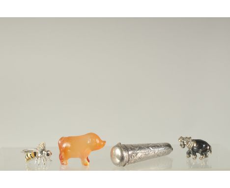 A SILVER AND ENAMEL MUG, A HIPPO, A JADE PIG and a SILVER HOLDER. (4).