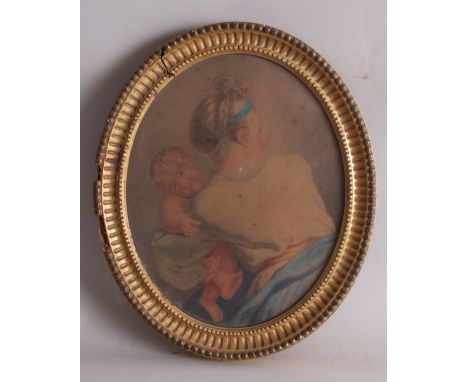 Circle of Richard Cosway (1742-1821, British) Portrait of a young woman holding her child, circa 1800, pencil, pastel and wat