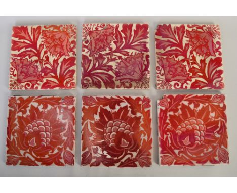 Six William De Morgan designed ruby lustre tiles with floral decoration, two types, three of each, marked - 'MAW &amp; Co. Be
