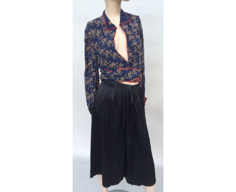 Full midi-length evening skirt in black silk charmeuse together with similar skirt in a deep red silk, a jacquard silk top, n