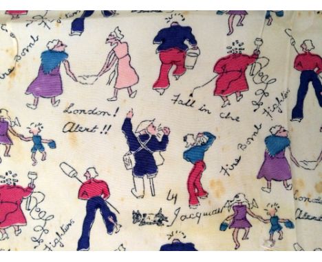 Rare wartime scarf by Jacqmar, portraying figures dashing about with blankets and buckets and a wooden legged fire warden blo