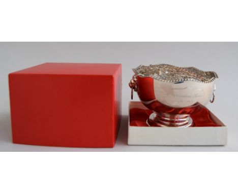 A boxed sterling silver rose bowl with lion mask handles, 'Coronation Street 1960-1985' engraved to front, made by Parkin Sil