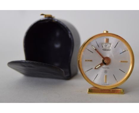Jaeger Recital 8 day travel clock in gilt metal and black carry case, no. 101 to base, 4.5cmD face