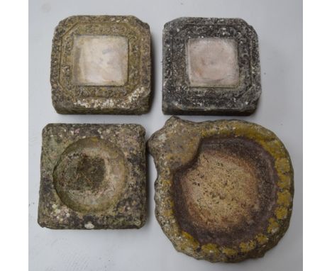 A mixed lot to include a shell birdbath, two planter stands and a rectangular birdbath