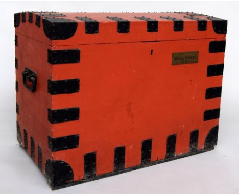 An early Victorian red painted oak and metal braced silver chest with iron corners made by Hunt and Roskell late Storr and Mo