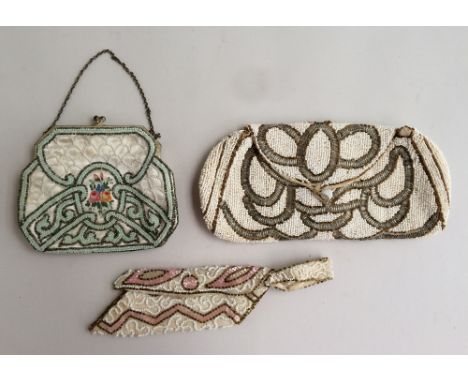 Deco beaded evening bag, entirely covered in white glass beads sewn around a looping pattern formed from gold and silver bugl