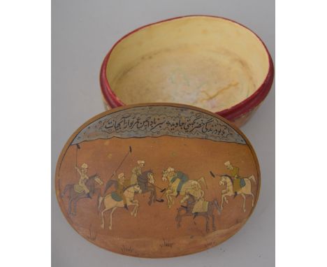 A 19th century wooden oval trinket box hand painted with figures playing polo and arabic script, 13.5 x 5.5cmH
