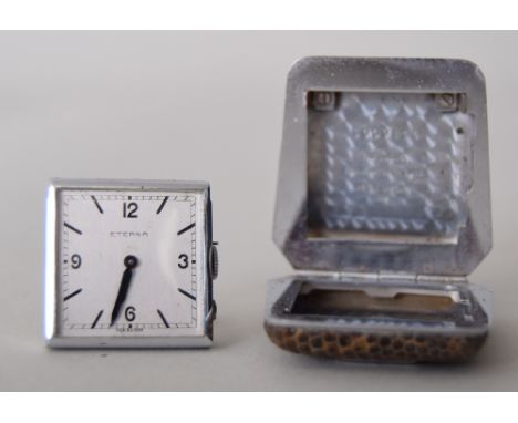 Eterna snakeskin and chrome ladies travel clock, Swiss made, no.3009114