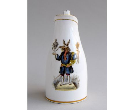 Winchester College Interest: A small ceramic jug with polychrome transfer image of 'The Trusty Servant', heightened in gilt, 