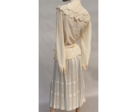 1980s Benny Ong skirt in cream silk with a pale blue stripe (size 14), together with a cream silk blouse with scalloped doubl