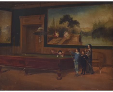19th Century English School, Boys playing snooker, oil on canvas, 65 x 81cm