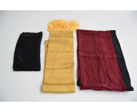 Three silk scarves: Mustard coloured jacquard satin gents evening scarf 168x18cm,  medusa head and VERSACE pattern with yello
