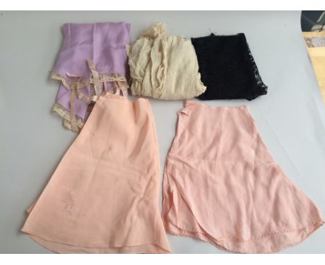 A small collection of vintage underwear, two pairs art silk french knickers, lilac embroidered bedjacket, very fragile silk c