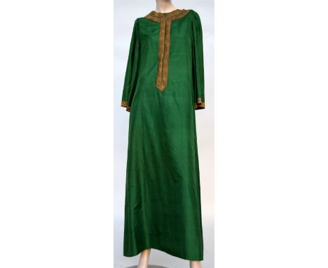 Green silk full length caftan with gold brocade at the neck and zip down the back, lined in purple, probably made in the late