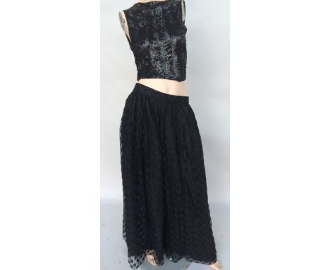 Long black evening skirt made by G J of Winchester, full skirt of dotted black net over acetate lining (size 14), a black fri