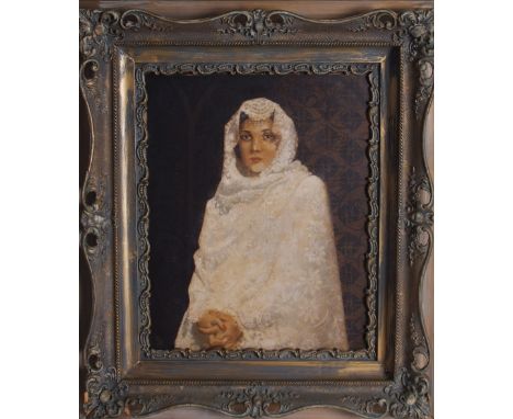 English School, 20th Century, Portrait of an elegant lady in a lace shawl standing before Arts and Crafts wallpaper, signed w