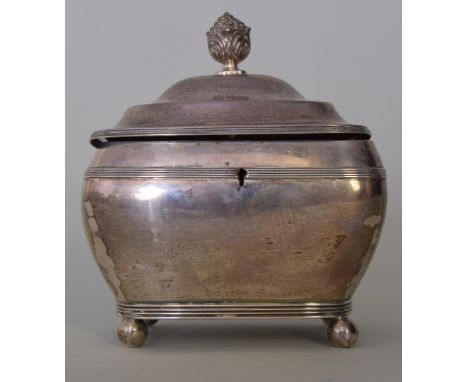 A continental silver tea caddy/sugar casket of rectangular Bombay form with burred finial, reeded borders and ball feet, 8 x 