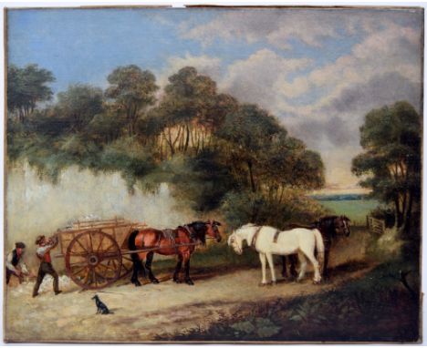 Augustus Samuel Boult, (Fl. 1815-1853, British) Labourers quarrying and loading sand with shire horses, circa 1840's, signed 