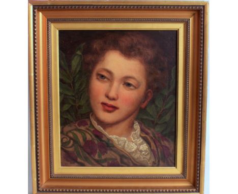 Circle of Simeon Solomon (1840 -1905,British), Portrait of an elegant lady wearing a robe embroidered with tulips, oil on can