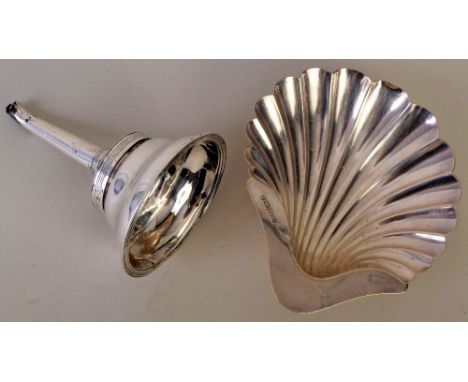 A silver scallop shell butter bowl, Atkin Brothers, Sheffield 1895, together with a silver wine funnel, 167g