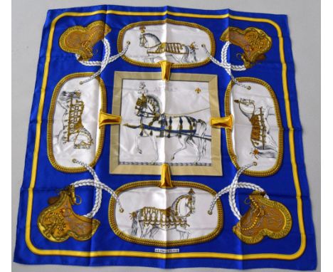 Hermes scarf 'Grand Apparat' by Jacques Eudel, 88cm square, white blue and gold. Unworn condition: silk crisp, hems plump.