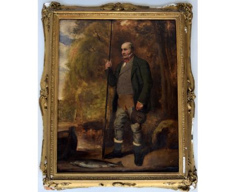 English School, 19th century, Portrait of an angler with his catch on a river bank, circa 1870, oil on canvas, 64 x 51cmThe i