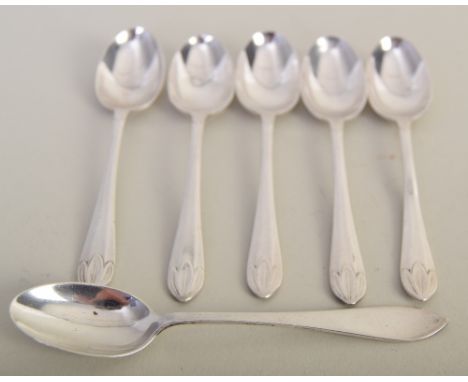 A set of five early 20th century silver teaspoons, engraved on the back 'Rd. 736481', Thomas Bradbury & Sons, Sheffield 1929-