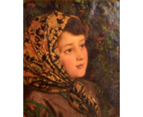 English School (19th century), Portrait of a Young Girl in an Arts and Crafts Scarf before a Holly Bush, signed and dated " F