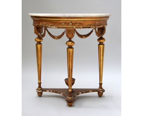A Louis XVI style giltwood demi-lune side table with marble top above a swag frieze and turned legs, 70 x 35 x 75cmH